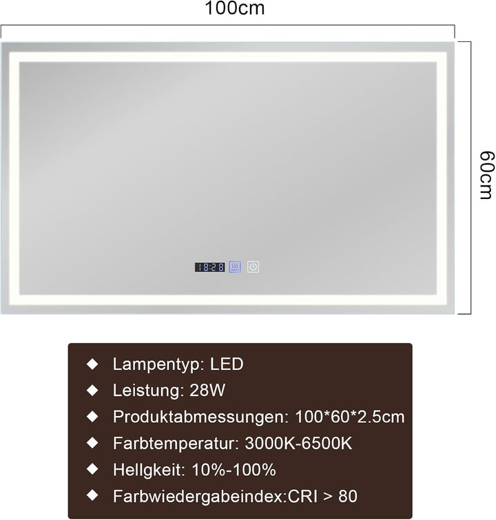 Badspiegel Mit Beleuchtung - LED Bad Spiegel Badezimmer Wandspiegel Mit Licht, IP44 60x100 cm Badezi