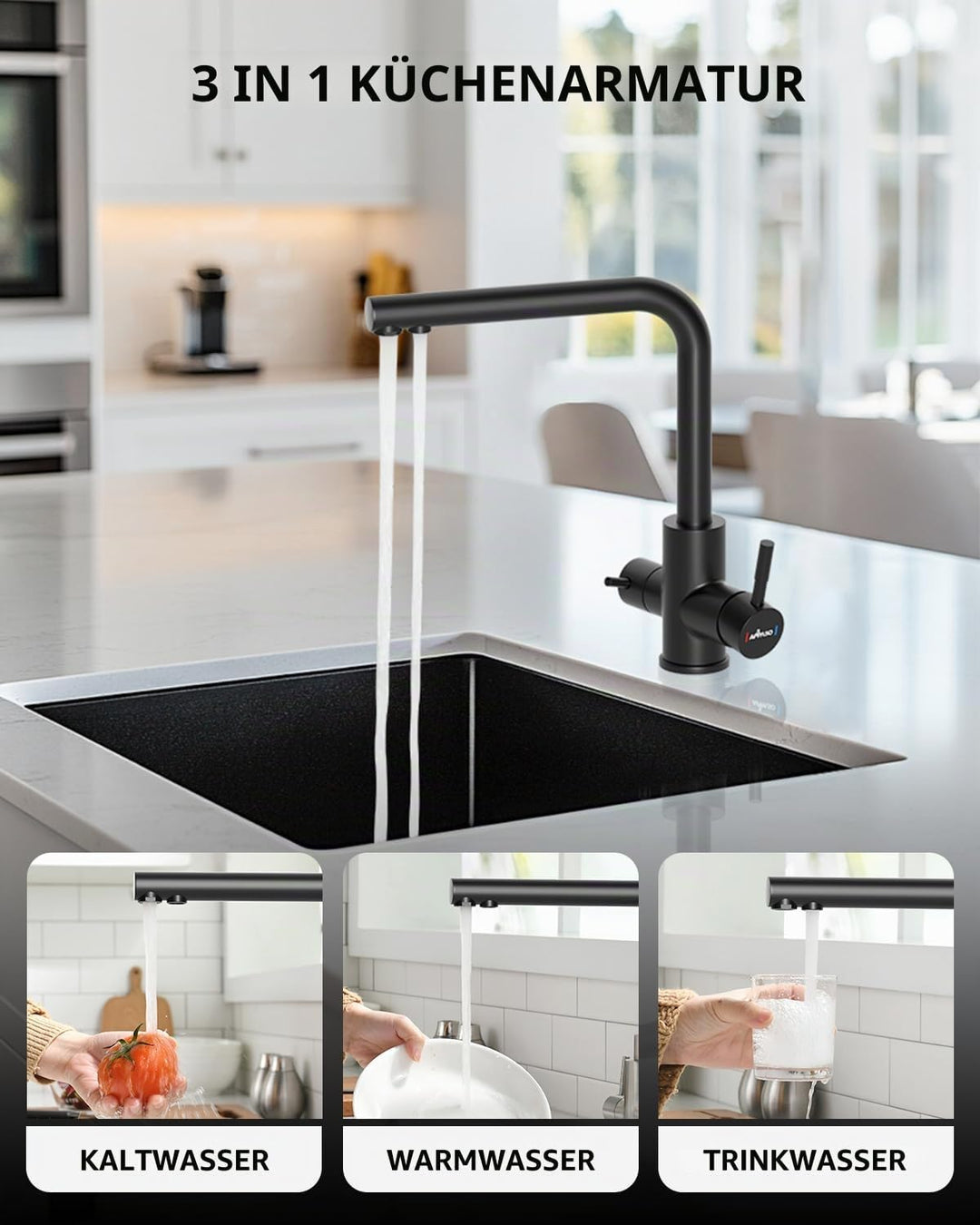 APPASO 3 Wege Wasserhahn Schwarz, Küchenarmatur 3 wege 360° Drehbar, 3 in 1 Mischbatterie Küche für
