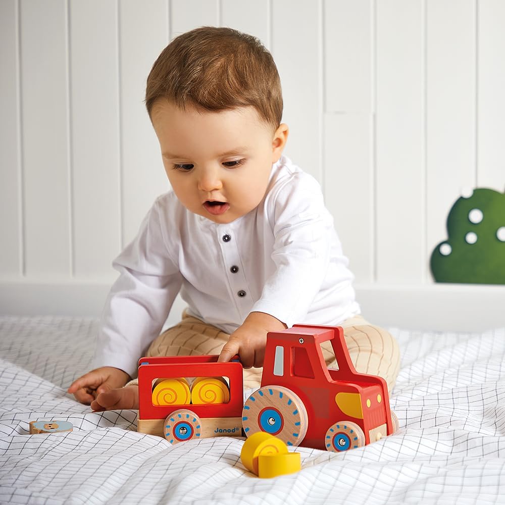 Janod - Traktor zum Ziehen - Baby- und Kleinkindspielzeug - 1 Spielzeugtraktor + 6 Zubehörteile - Ge