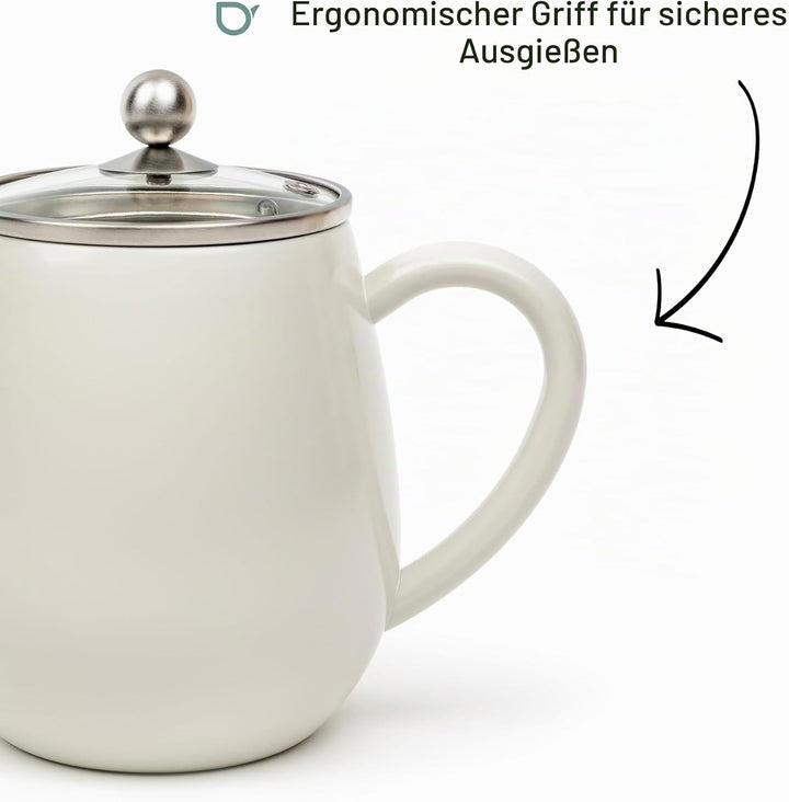 Doppelwandige Teekanne 1.1 Liter mit Filtersieb - isolierende weisse Edelstahl Kanne mit Glasdeckel