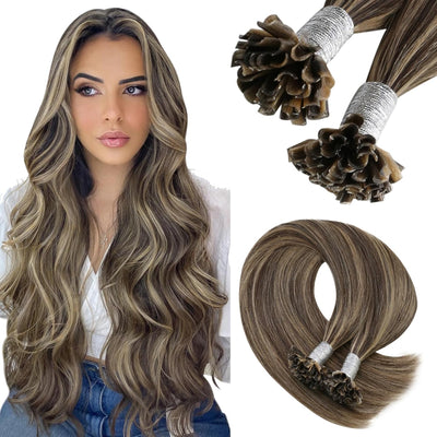 YoungSee Bonding Extensions Echthaar Braun 35cm Extensions Echthaar Bondings Dunkelbraun mit Blond K