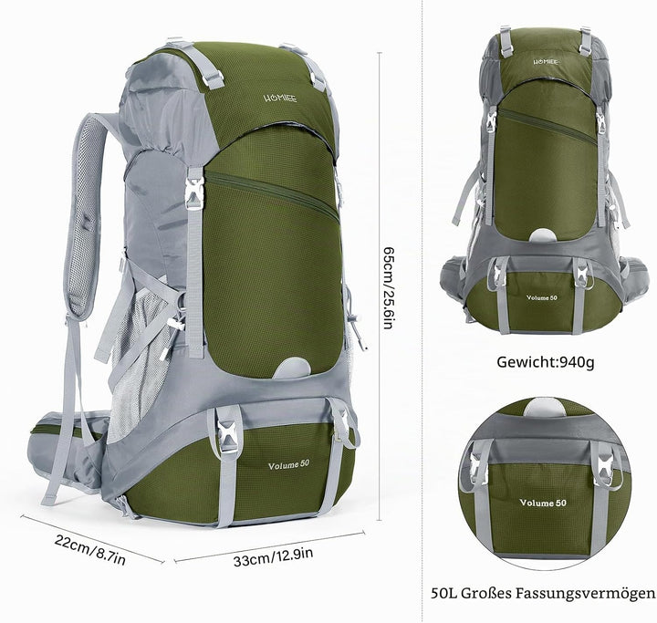 HOMIEE Wanderrucksack 50L, Herren Damen Wasserdichter Trekkingrucksack Reiserucksack Outdoor Wandern