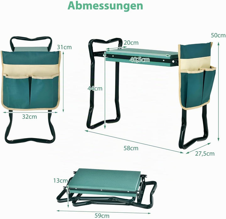 SOARS Kniebank, Gartenhocker klappbar mit Werkzeugtaschen &amp; Kniekissen, Gartenbank bis 150 kg belast