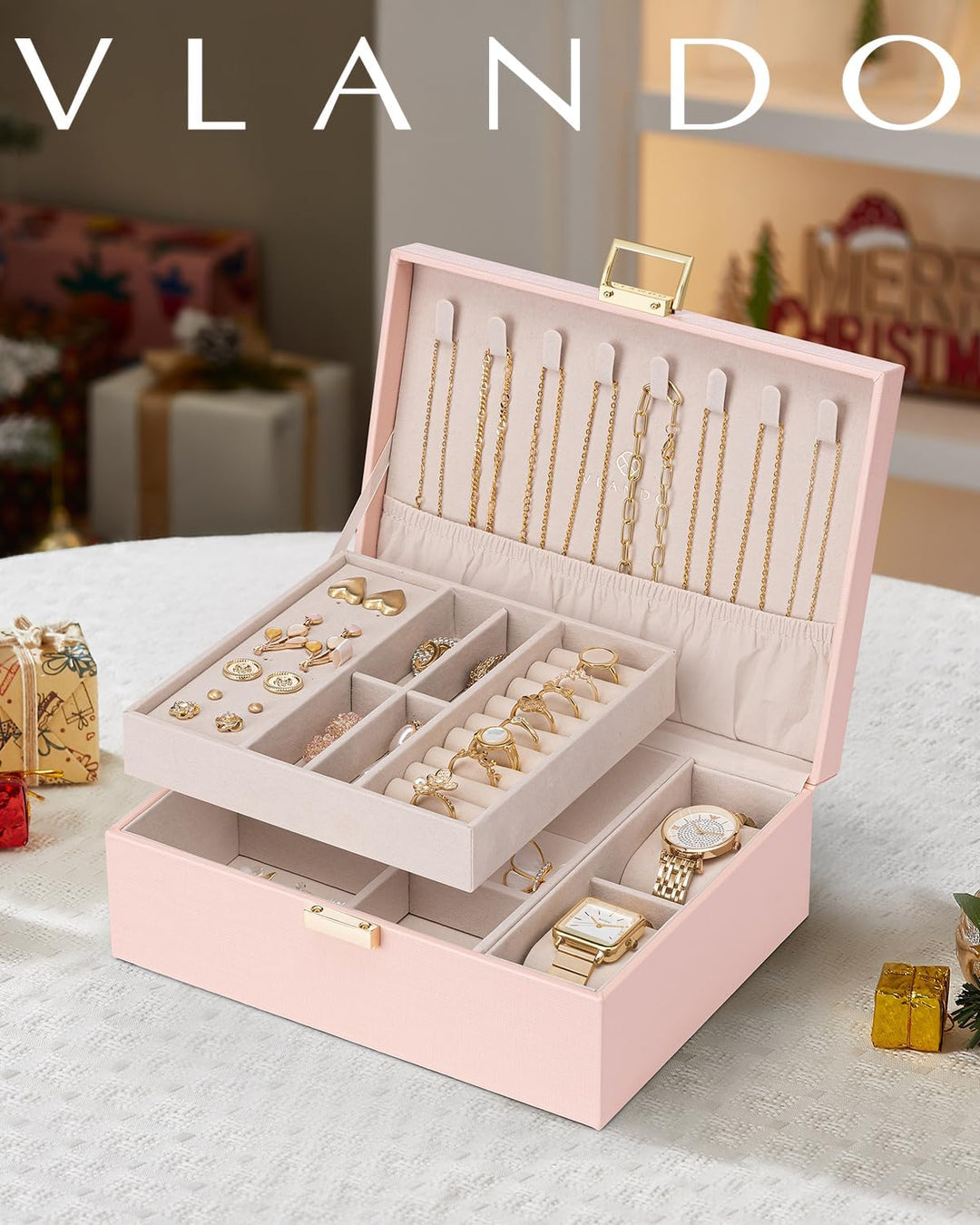 VLANDO 2-lagige Schmuckschatulle, grosser Schmuck-Organizer für Damen, abnehmbares Schmucktablett mi