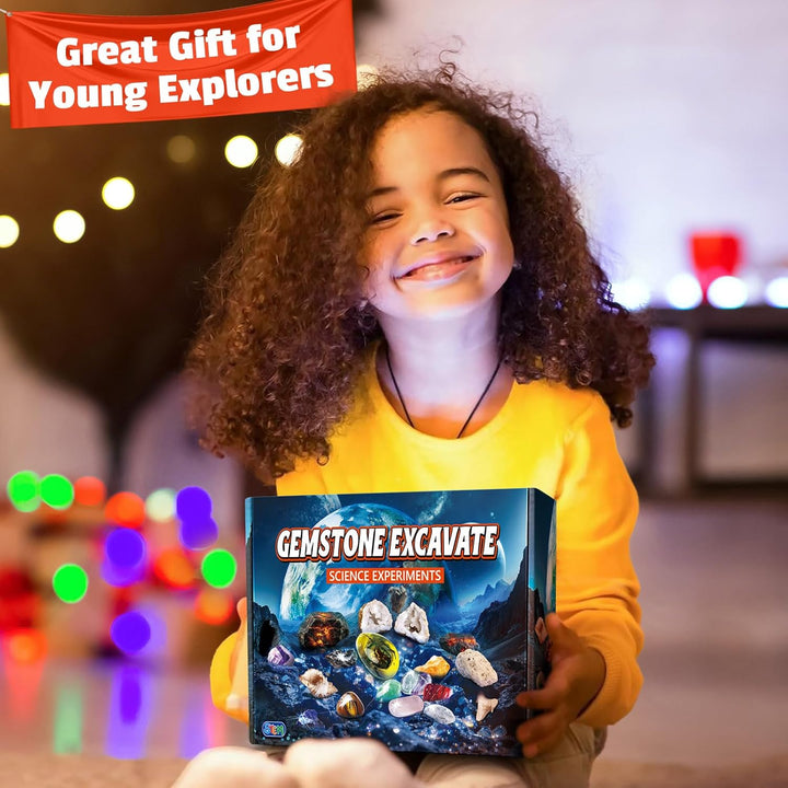UNGLINGA Edelstein-Ausgrabungsset für Kinder, Jungen & Mädchen – Geburtstagsgeschenk-Idee mit 15 ech