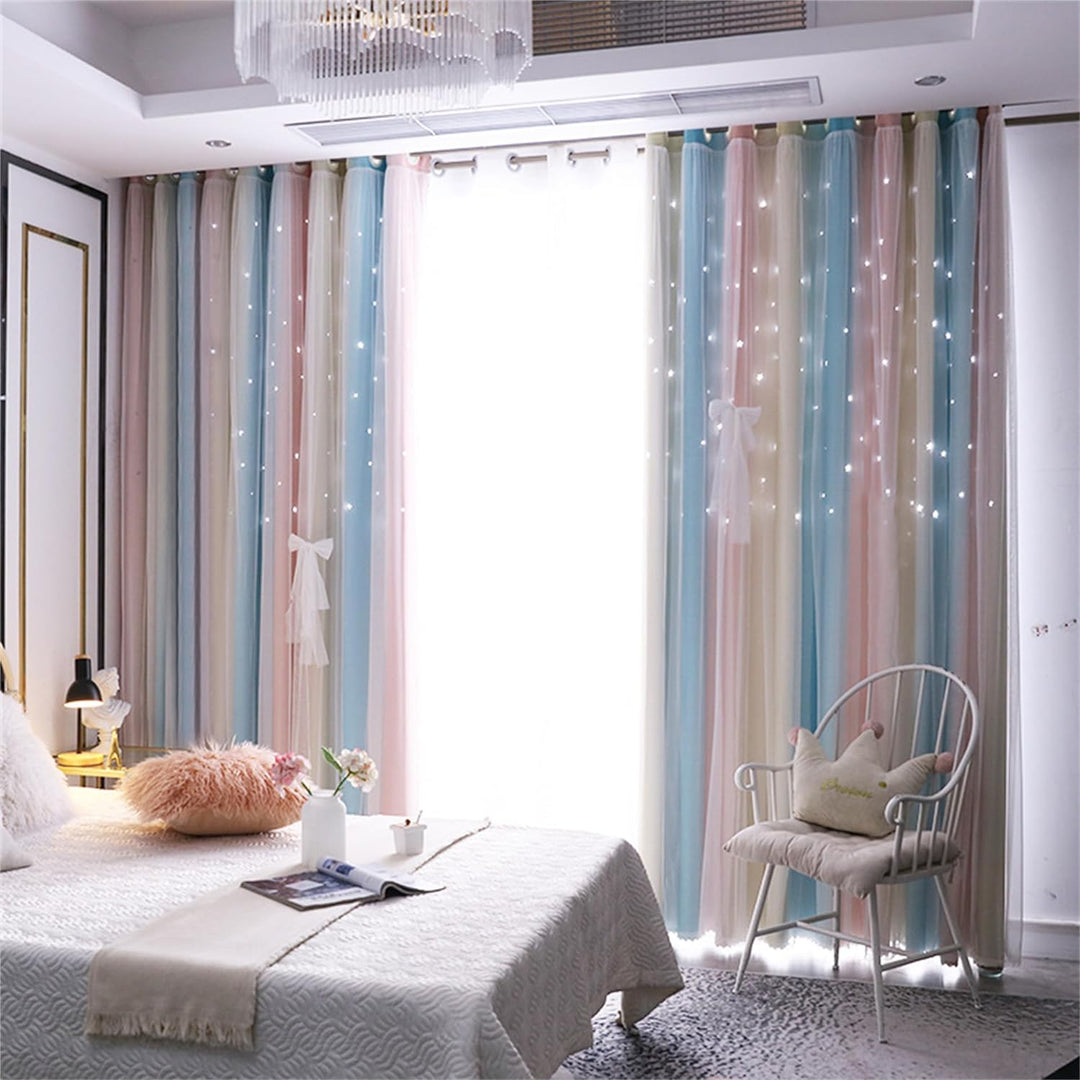 Freyamy Gardinen Rosa Grün Weiss Glänzend Sterne Vorhänge Blickdicht Kinderzimmer Halbtransparent H