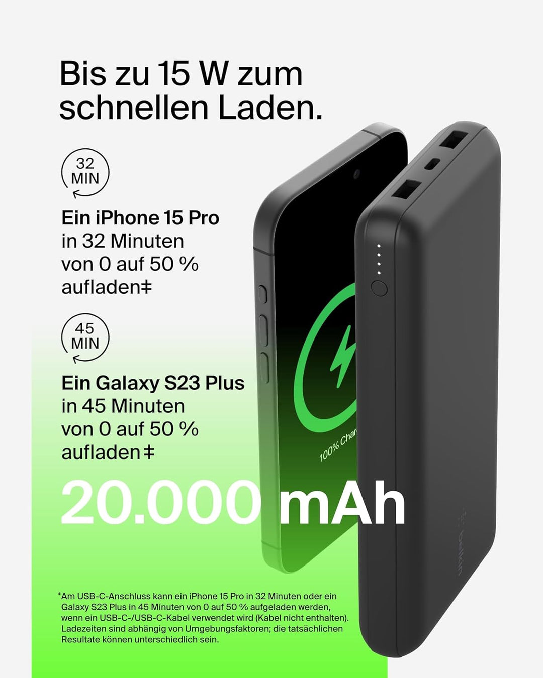 Belkin tragbares USB-C-Ladegerät, 20.000 mAh, 20K Powerbank mit USB-C-Ein-/Ausgang und 2 USB-A-Ansch