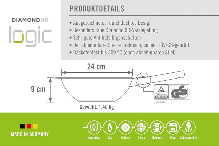 Woll Diamond Logic XR Pro Wok- und Rührpfanne mit Edelstahlstiel - Induktiv -, Ø 24 cm, 9 cm hoch, m