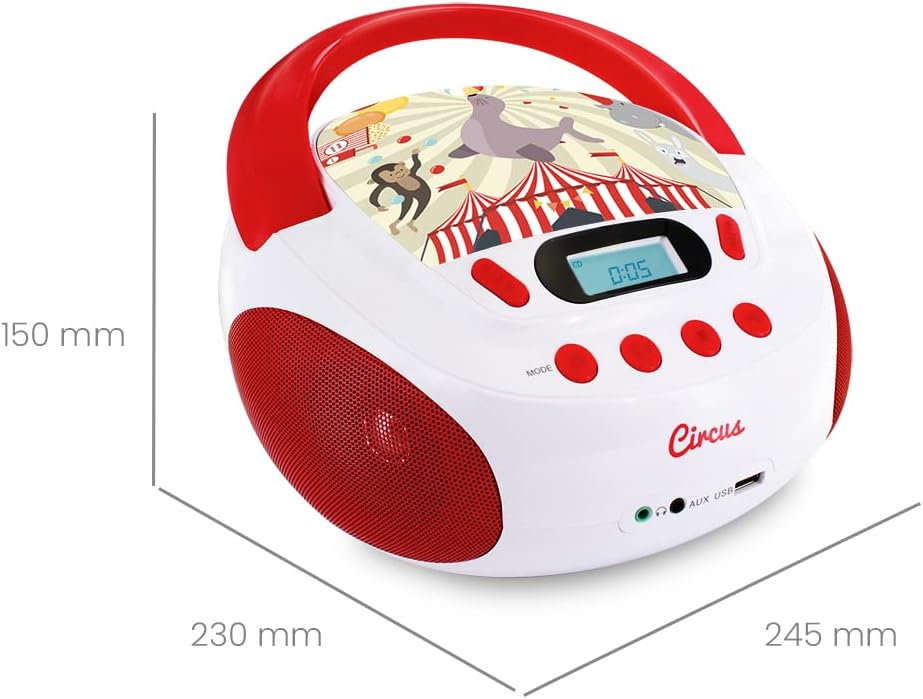 Metronic 477145 CD-Player für Kinder, Zirkus, mit USB-/AUX-IN-Port Rot/Weiss, Rot/Weiss