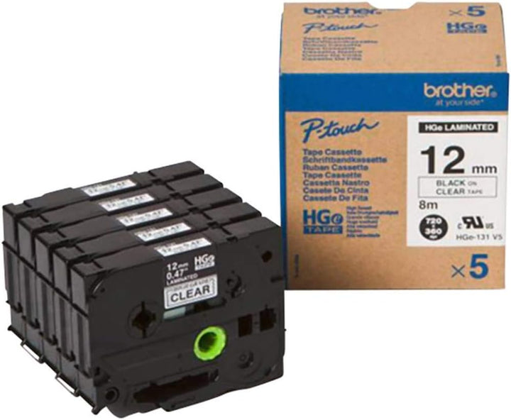 Brother HGe-131V5 Beschriftungsbandkassette, Vorteilspack, schwarz auf klar, 12 mm (B) x 8 m (L), la