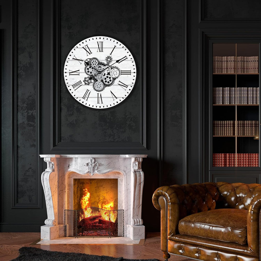 Lafocuse Weiss Wanduhr Gross mit Beweglichen Zahnrädern Industrial Steampunk XXL Holz Vintage Retro