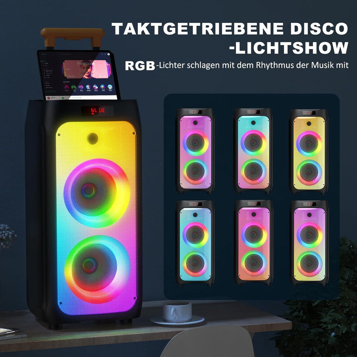 JYX Karaoke Anlage mit 2 drahtlosen Mikrofonen, Grosser Karaoke Lautsprecher Bluetooth mit Rädern un
