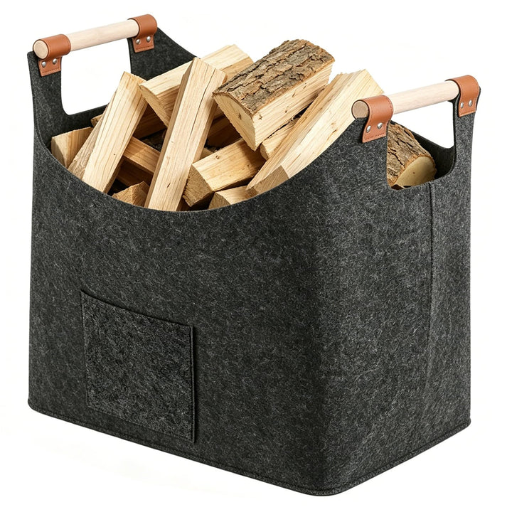 Holzkorb für Kaminholz 60L, mit Verstärktem Holzgriff, Gross Brennholzkorb als Extradickem Filz, Feu