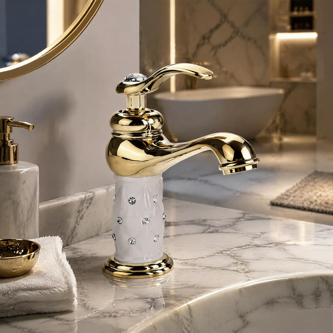 Tbest Waschtischarmatur Weiss Gold,Wasserhahn Gold,Grohe Wasserhahn Waschbecken Goldfarben Massivem