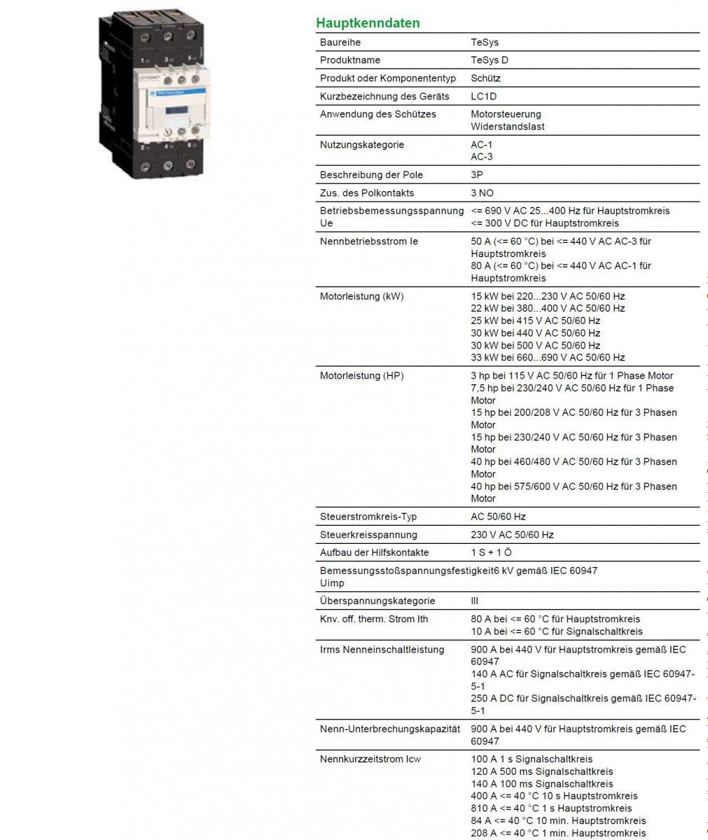 Schneider Electric - Leistungsschütz LC1D 3p, +1S+1Ö, 22 kW, 50 A, 400 V AC3, Spule 230 V AC, LC1D50