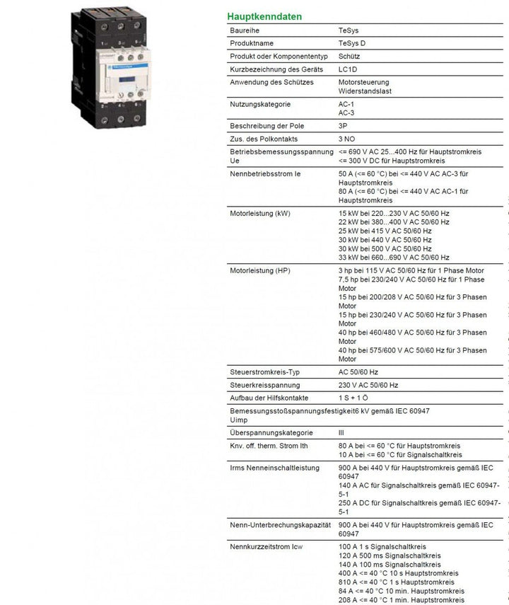 Schneider Electric - Leistungsschütz LC1D 3p, +1S+1Ö, 22 kW, 50 A, 400 V AC3, Spule 230 V AC, LC1D50