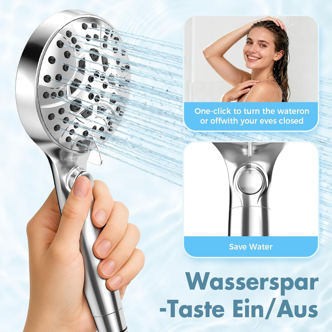 Duschkopf mit Filter – 120mm Grossformatiger Handbrause Dusche mit 8+1 Strahlarten, 1.5m Schlauch, W