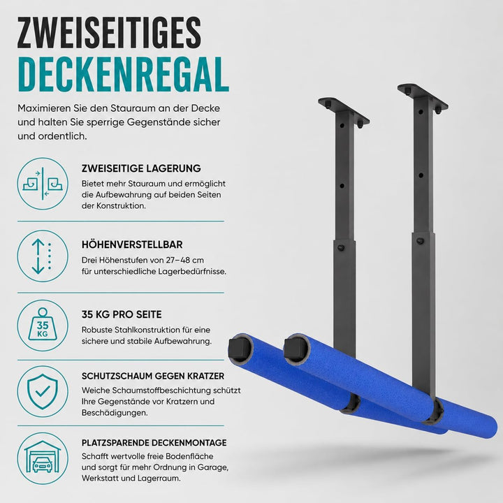 QLS Hängeregal Deckenhalterung 2-seitig aus pulverbeschichtetem Stahl 2 x 80 cm Höhenverstellbar 27–
