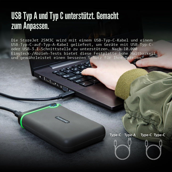 Transcend 2 TB USB Type-C Storejet 25M3C – 2, 5 Zoll Externe Festplatte Stossfest Typ C TS2TSJ25M3C,