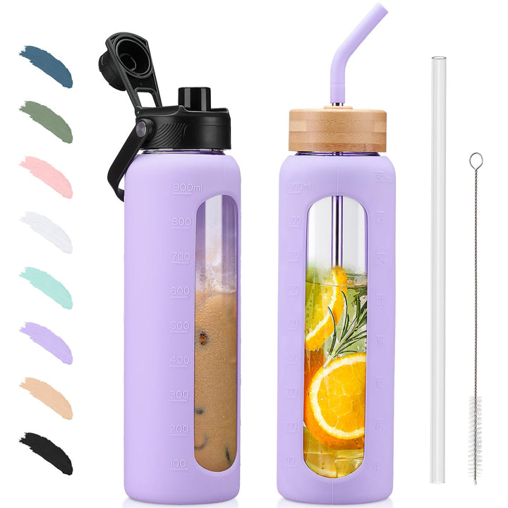 BLUEGO Trinkflasche Glas 900ml Sport Wasserflasche mit 2 Deckeln und Strohhalm Auslaufsichere Glasfl
