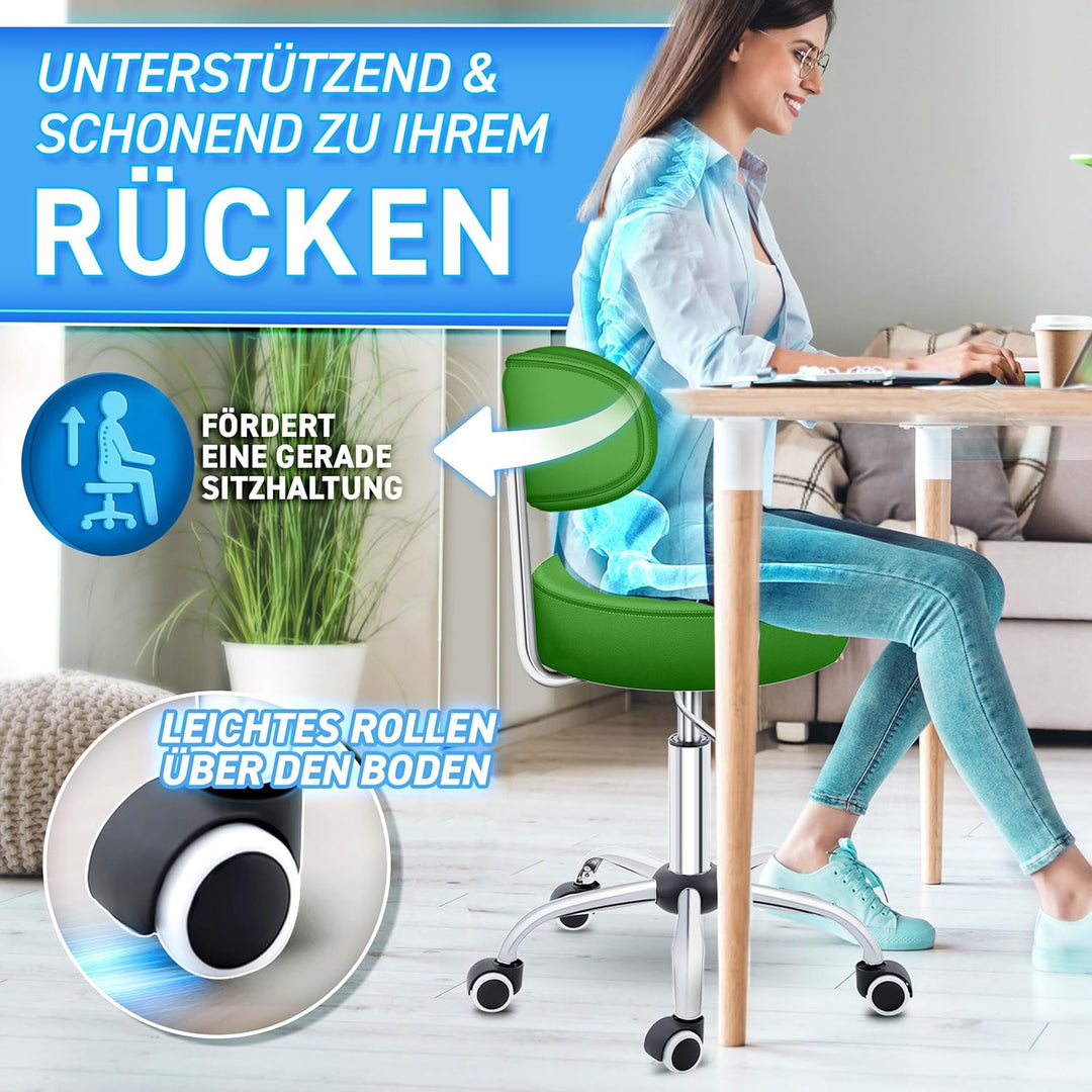 TRESKO® Rollhocker mit Lehne Grün | Arbeitshocker höhenverstellbar 46-58 cm | Drehhocker mit Rollen
