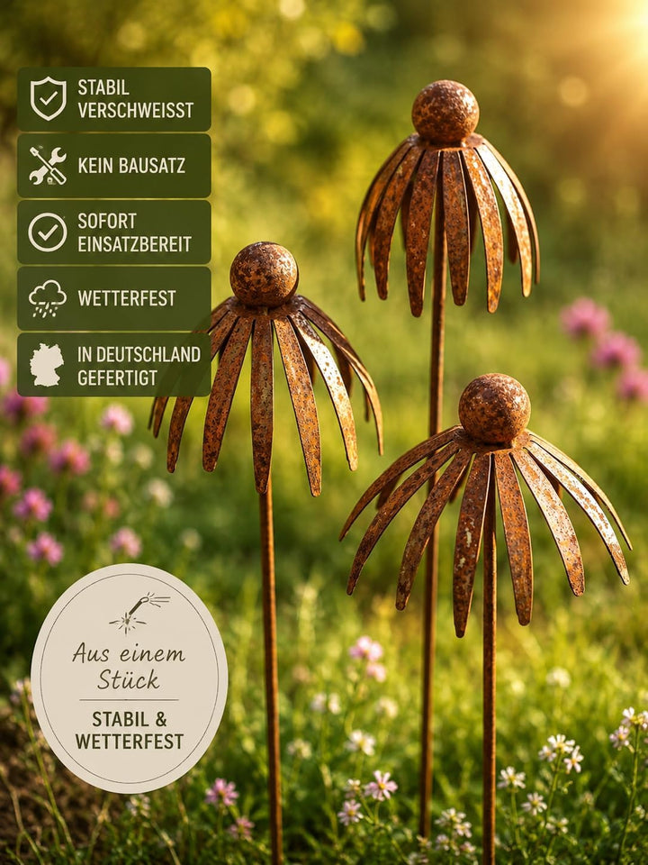 Bornhöft 3er Set Gartenstecker Sonnenhut Metall Rost Gartendeko Edelrost Rankstab Beetstecker Topfst