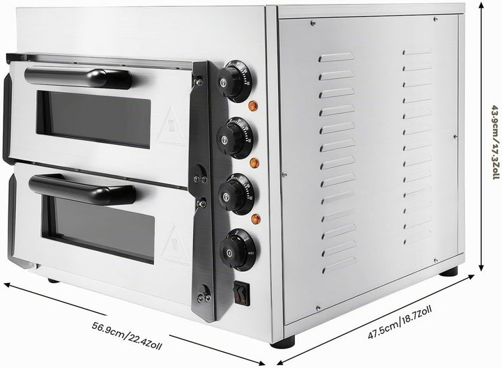 2-Etagen Pizza-Ofen 3000W Elektrischer Pizzaofen Edelstahl Elektrisch Gastro Steinbackofen mit Hands