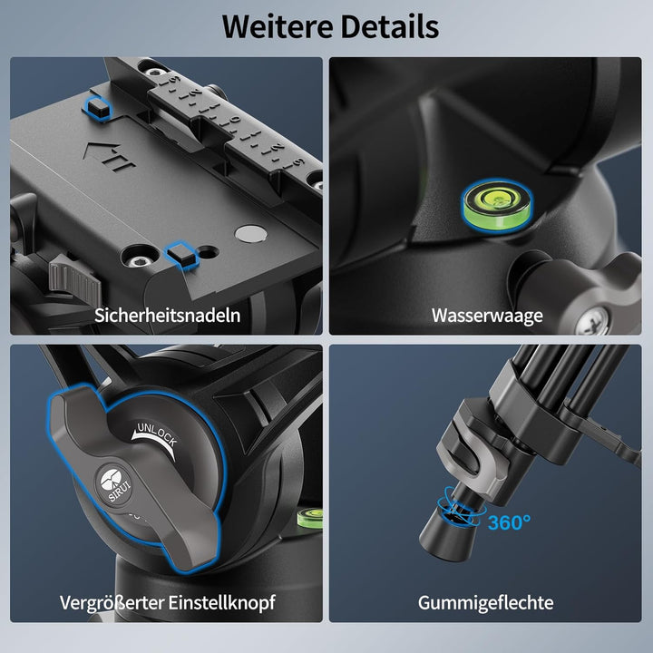 SIRUI AVT-11 Fluidkopf Video Stativ, Tripod 180cm mit Schnellverschlussplatte für Manfrotto, Robuste