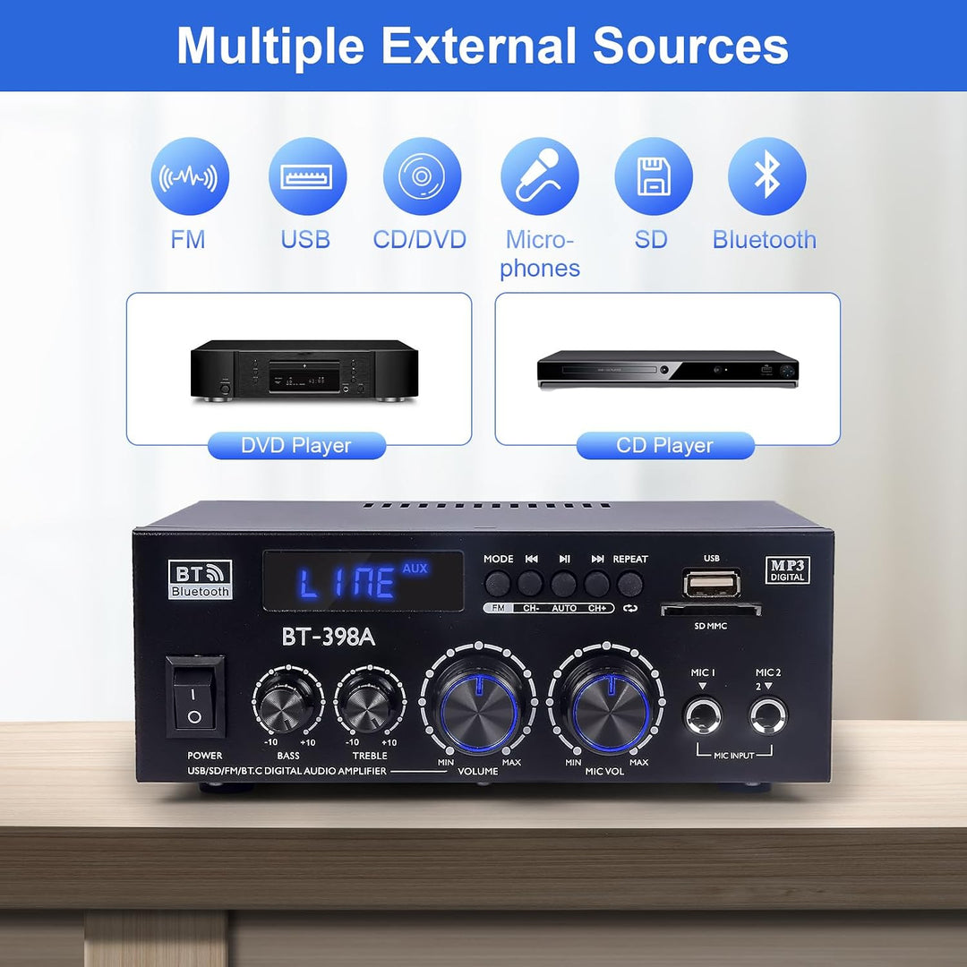 Verstärker HiFi Stereo, 2-Kanal Mini Amplifier, 60W +60W Geeignet für Zwei Lautsprecher um 10 Zoll,