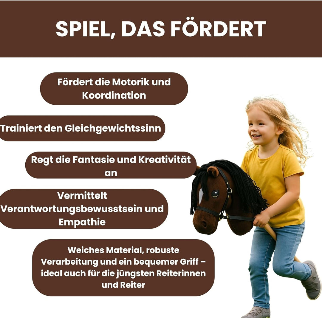 Start Hobby Horse Steckenpferd aus Plüsch mit Holzstock – Realistisches Stockpferd mit Langer Mähne