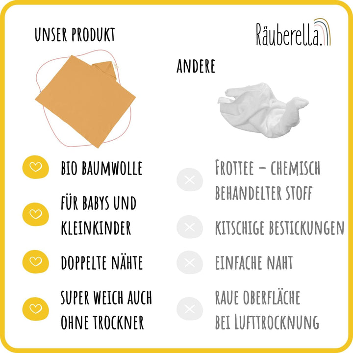 Räuberella® Kapuzenhandtuch-Baby in Senf-Gelb I 75x100cm I Musselin-Badetuch-Baby aus 100% Bio-Baumw