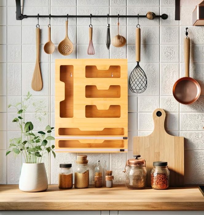 LudoHome Folien- und Bambusfolienspender mit Schneidemaschine, Gefrierbeutel-Organizer, 6-in-1 Küche