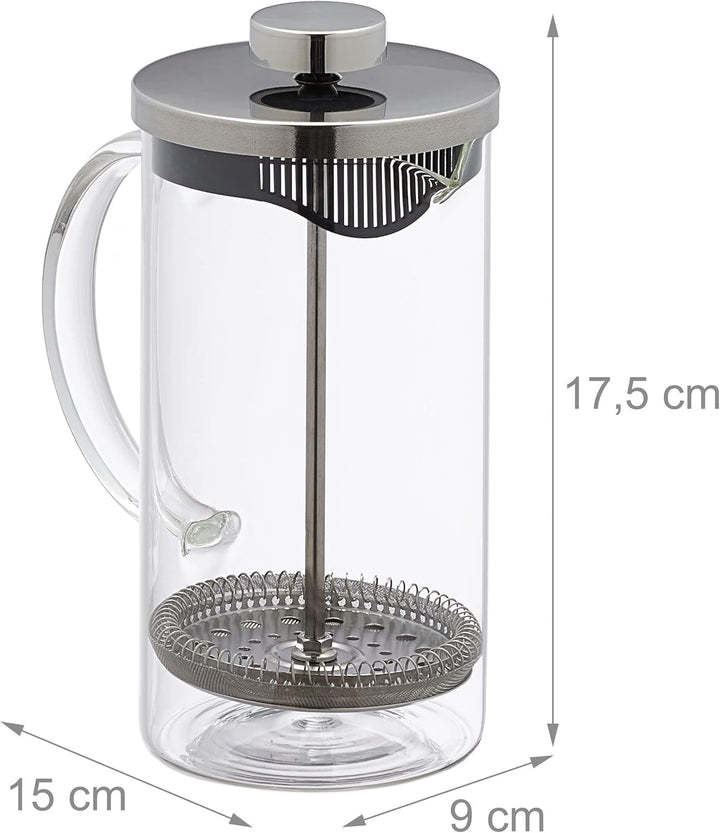 Relaxdays Kaffeebereiter manuelle Stempelkanne 600 ml, Glas & Edelstahl | Teebereiter, Siebeinsatz,