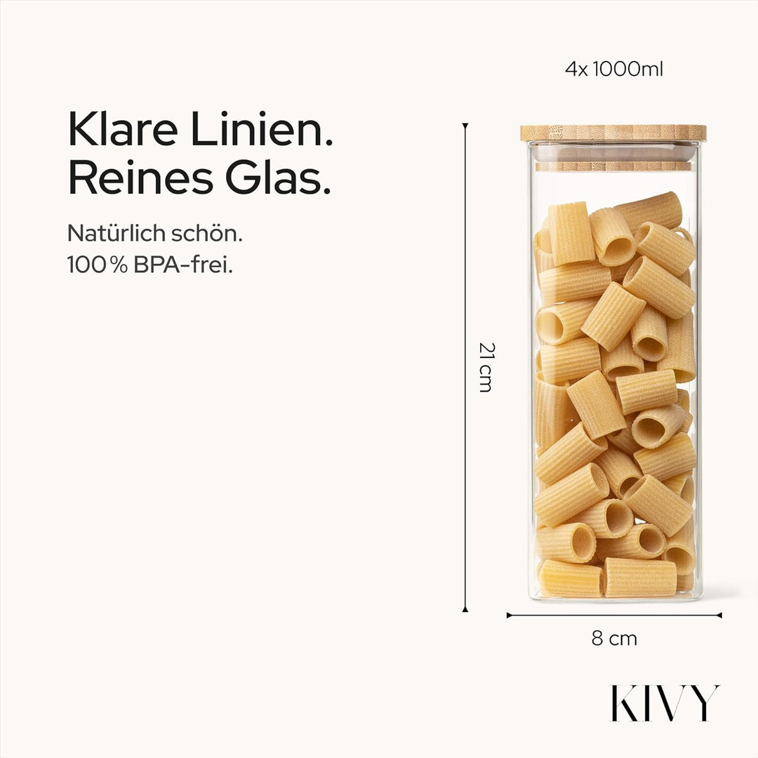 KIVY Vorratsgläser mit Deckel Luftdicht [4x 1000ml] Eckige Vorratsdosen Glas mit Deckel - Glasbehält