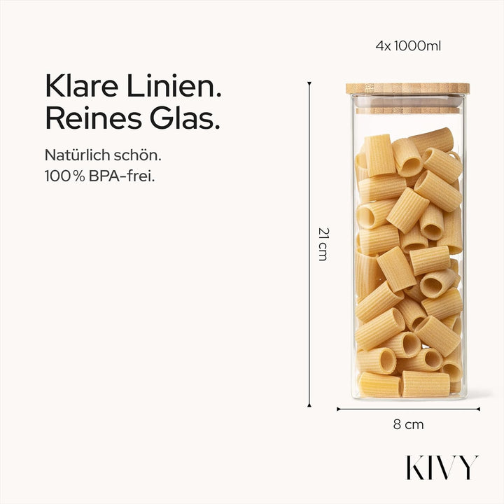 KIVY Vorratsgläser mit Deckel Luftdicht [4x 1000ml] Eckige Vorratsdosen Glas mit Deckel - Glasbehält