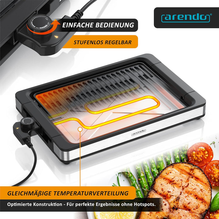 Arendo - Tischgrill Elektrogrill Edelstahl - bis 250 Grad - Steaks, Würstchen, Fisch, Meeresfrüchte,