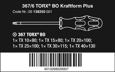 Wera TORX® BO-Schraubendrehersatz 367/6 TORX® BO Kraftform Plus + Rack, 6-teilig, 05138250001