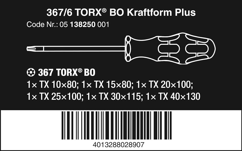 Wera TORX® BO-Schraubendrehersatz 367/6 TORX® BO Kraftform Plus + Rack, 6-teilig, 05138250001