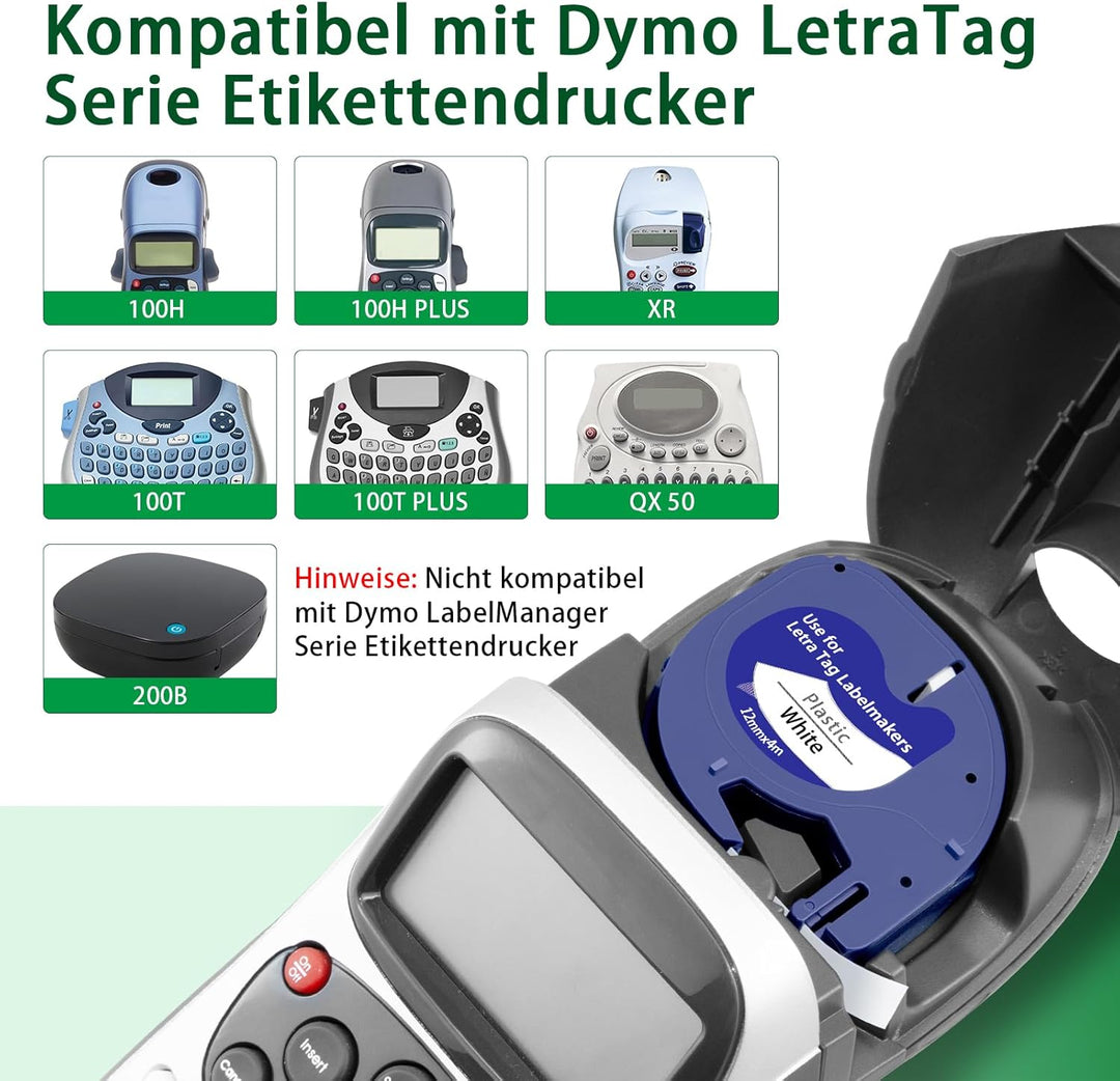 8X Kompatibel mit Dymo Etikettenband Letratag 12mm x 4m, 91201/91221 Schwarz auf Weiss, Kompatible m