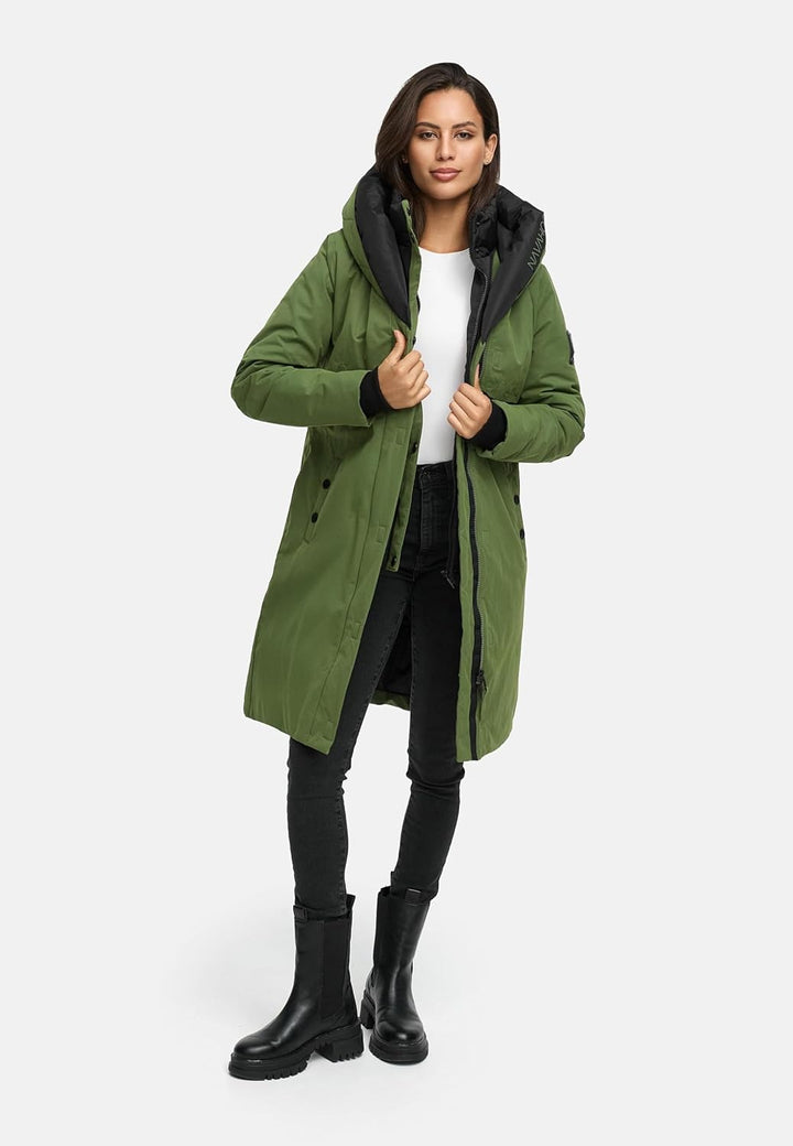 Navahoo Damen Mantel Lange warme Winter Steppjacke mit Kapuze und magnetischen Elementen Snowelf XS-