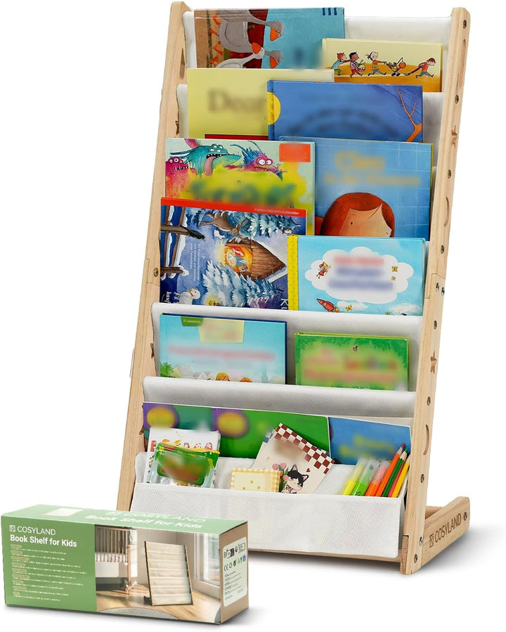 COSYLAND Bücherregal Kinder mit 6 Oxford-Stoff Fächern - Kinderbücherregal aus Naturholz - Bücherreg