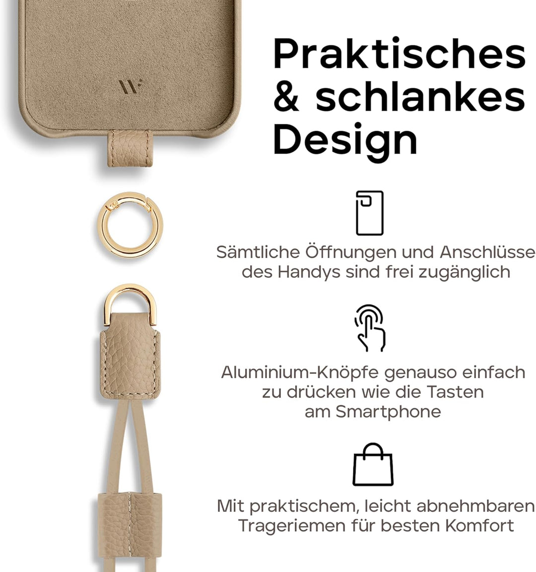 WIIUKA Hülle für iPhone 15 Pro Max, Leder aus Deutschland, Lederhülle Handykette, Premium Handyhülle