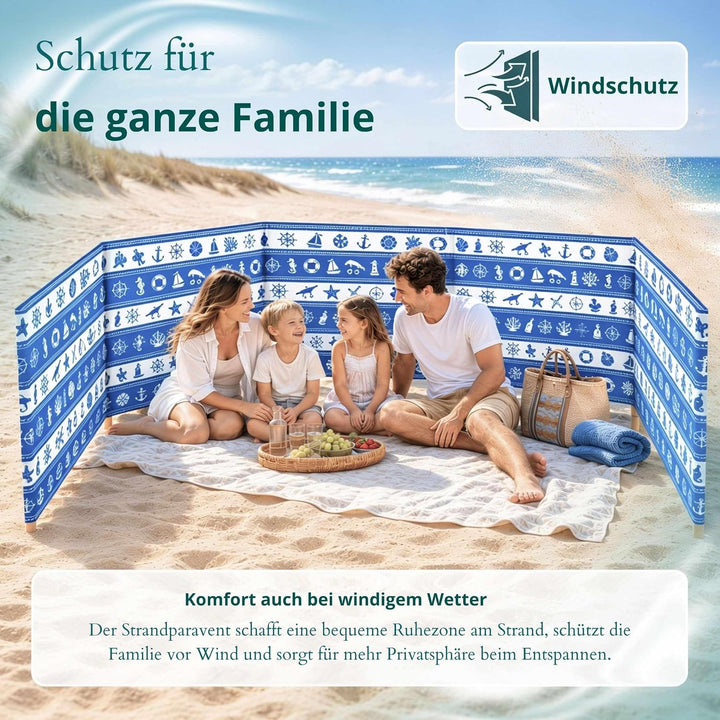 Strandparavent Mikrofaser | Windschutz 80cm | Marine Muscheln 12m | Robuste Holzstäbe | Vernäht | Ho
