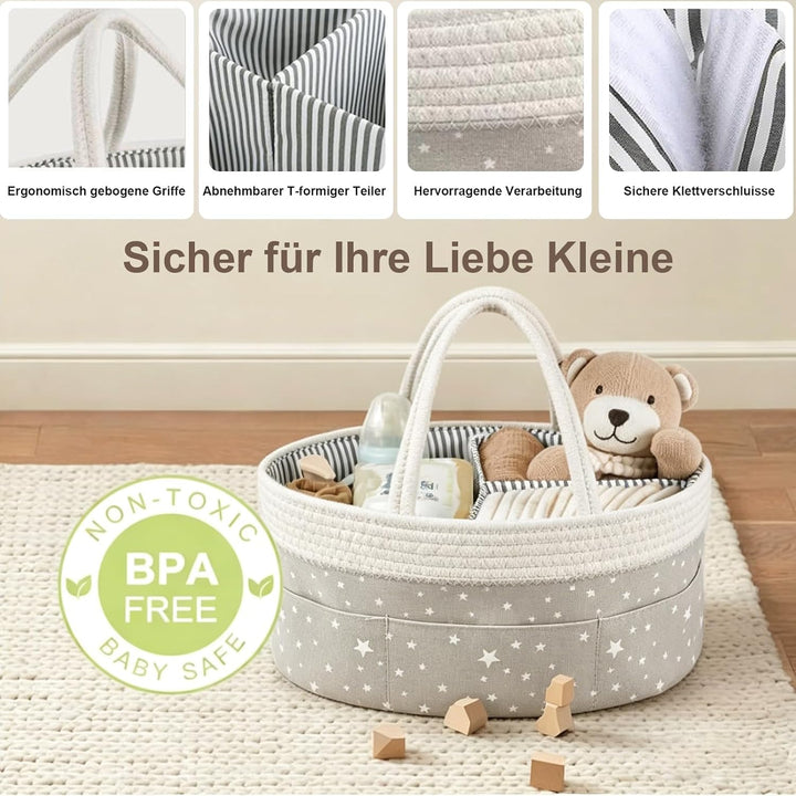 Wickeltisch Organizer, Baby Organizer Korb mit Fächern & Griffen, Aufbewahrungskorb für Wickeltasche