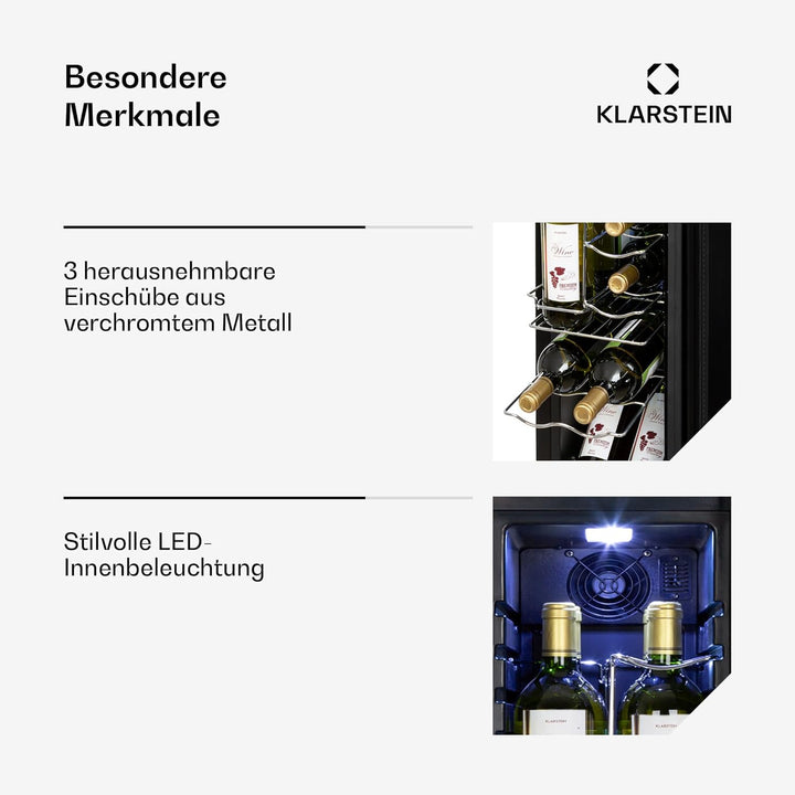 Klarstein Shiraz Weinkühlschrank Schwarz – 12 Flaschen, 32 L, 1 Zone | Getränkekühlschrank mit Glast