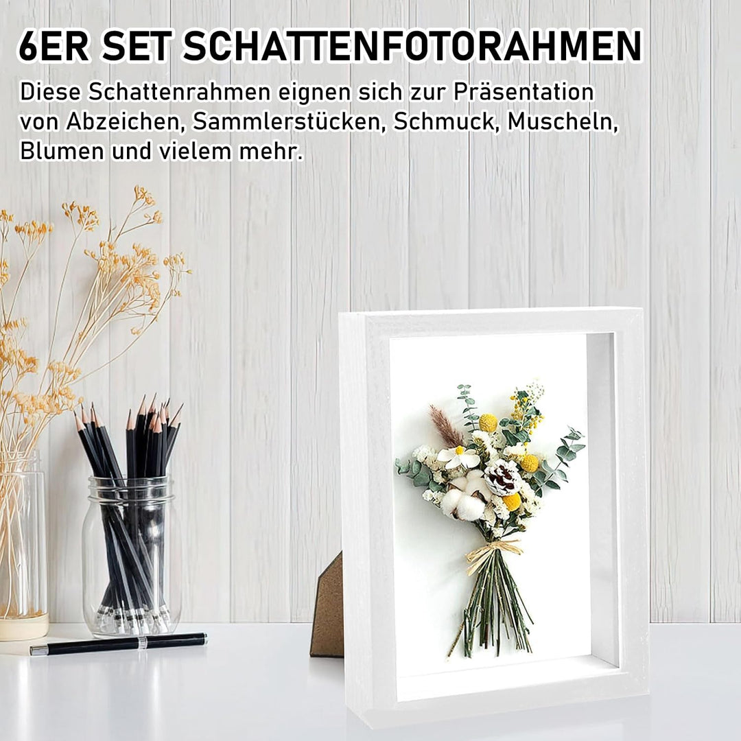 6 Stück Schattenbox-Bilderrahmen aus Holz, 19,5 × 14,5 cm, Tiefe Bilderrahmen für Trockenblumen, DIY
