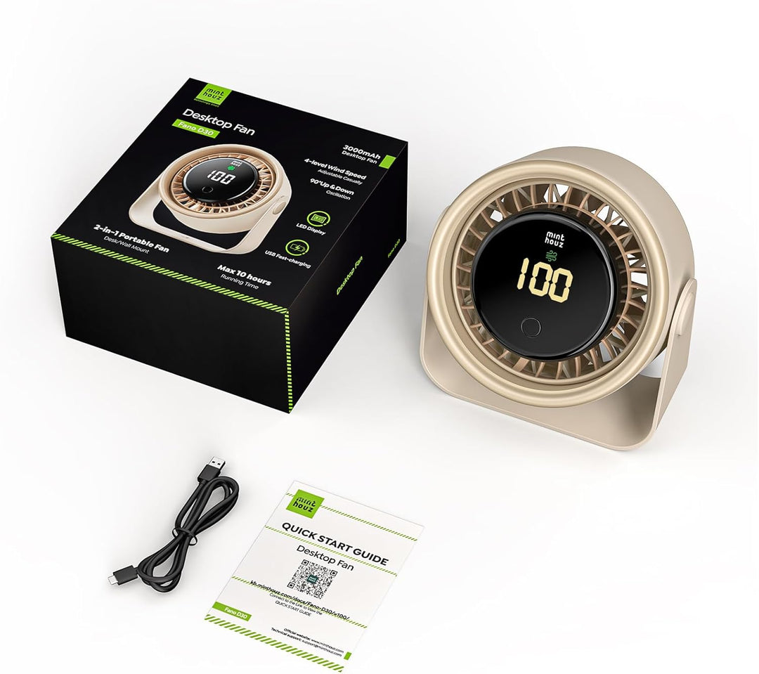 Minthouz 3000mAh Wiederaufladbarer USB-Ventilator,Leiser Tischventilator mit LED-Anzeige,4 Geschwind