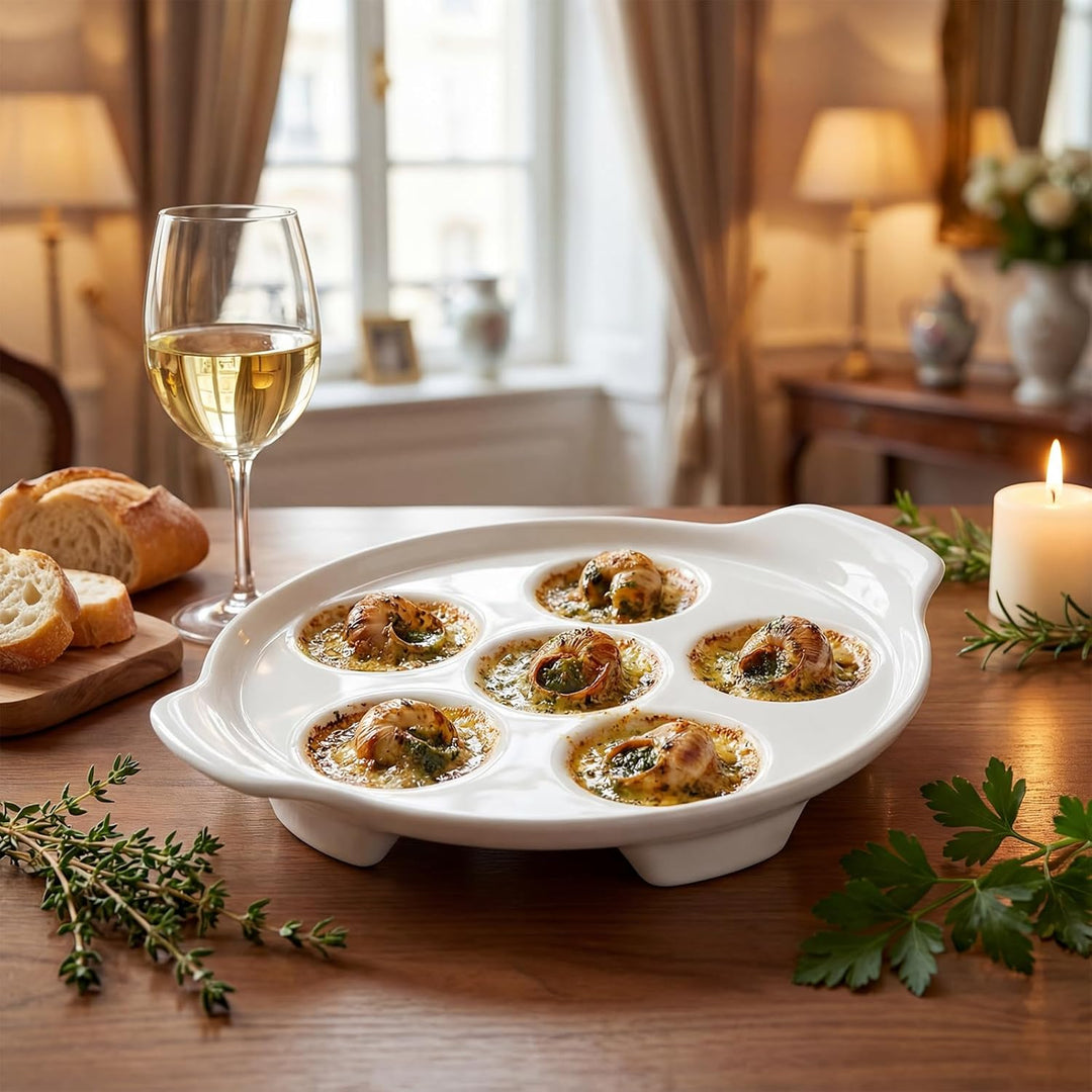 Okllen 4 Stück Keramik-Escargot-Teller mit 6 Löchern und Griffen, 16,5 cm Meeresfrüchte-Schnecken-Sc