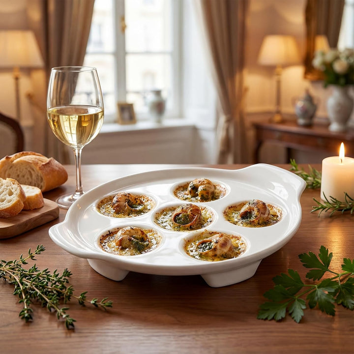 Okllen 4 Stück Keramik-Escargot-Teller mit 6 Löchern und Griffen, 16,5 cm Meeresfrüchte-Schnecken-Sc