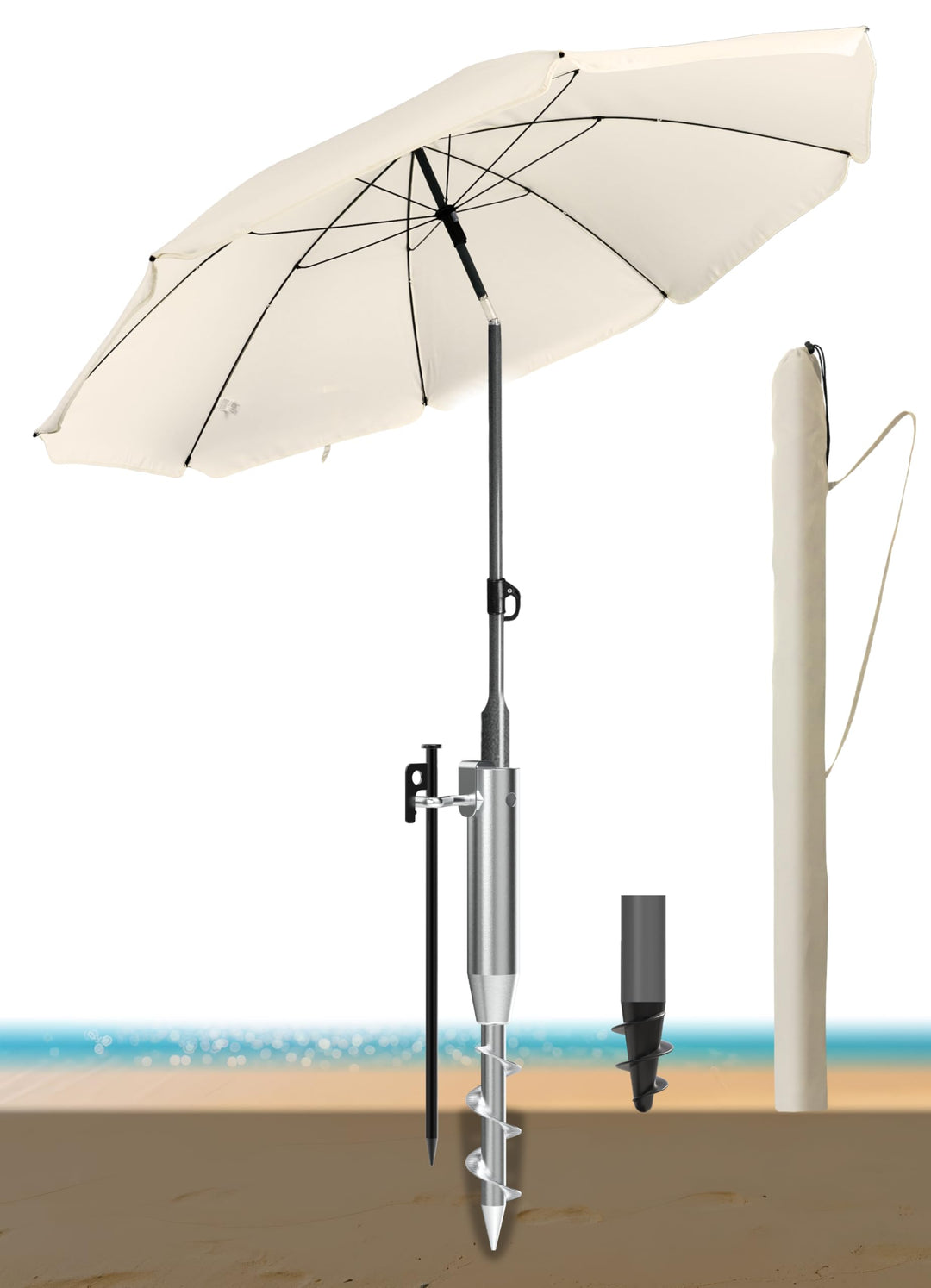 4smile Sonnenschirm Strand Ø 180 cm mit Eindrehbodenhülse, Beige | Strandschirm windfest stabil mit